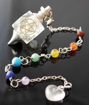 Clear Quartz Rock Crystal 7 Chakra w/Pentagram Pendulums 