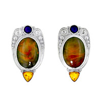 STERLING CLIP EARRINGS WITH PIETERSITE, IOLITE, AND AMBER