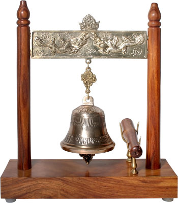 BRASS BELL AND WOOD FRAME WITH MALLET