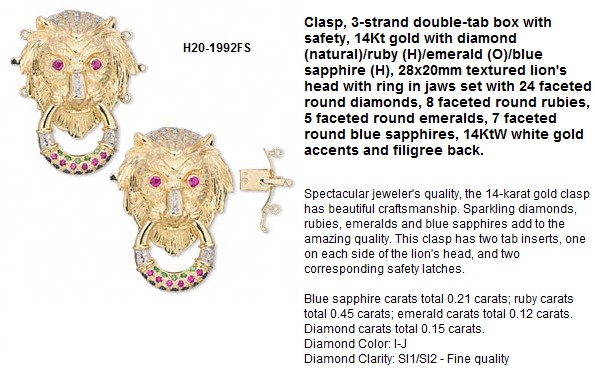 14K Gold, Sapphire, Ruby, Diamond Lion Clasps For Chains
