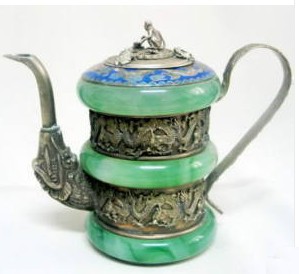 Fancy Tibet Silver Dragon Phoenix Cloisonne Jade Teapot