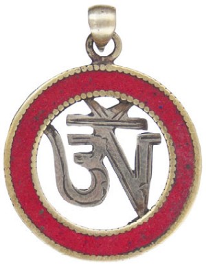 Tibetan Brass Pendant with Coral Om 