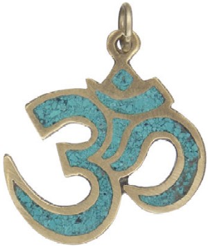 Tibetan Brass Pendant with Turquoises Mosaic Om