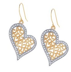 14K Yellow Ear Wire with 14K Yellow/White Filigree Heart Drop