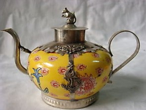 Tibetan Silver Jade Carved Dragon Teapot