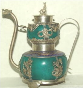 Tibet Silver Green Dragon Butterfly Teapot