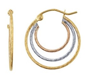 14K Yellow/White/Rose Textured Triple Hoop Earring