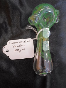 Green Calcite And Peridot On A Glass Pipe